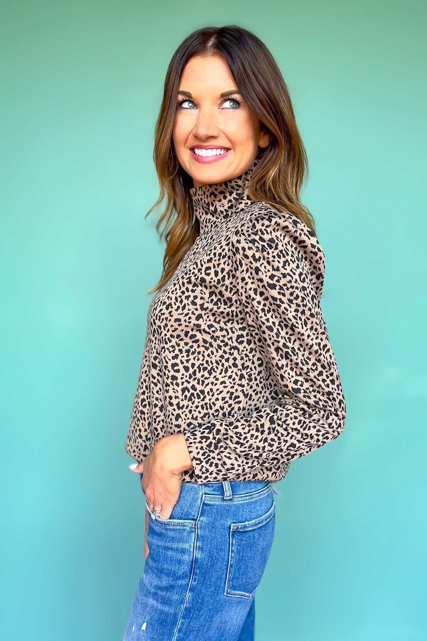 SSYS Chandler Mock Neck Long Sleeve Top In Tan Animal