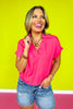 Dark Pink Linen Collar V Neck Short Sleeve Top *FINAL SALE*