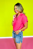 Dark Pink Linen Collar V Neck Short Sleeve Top *FINAL SALE*