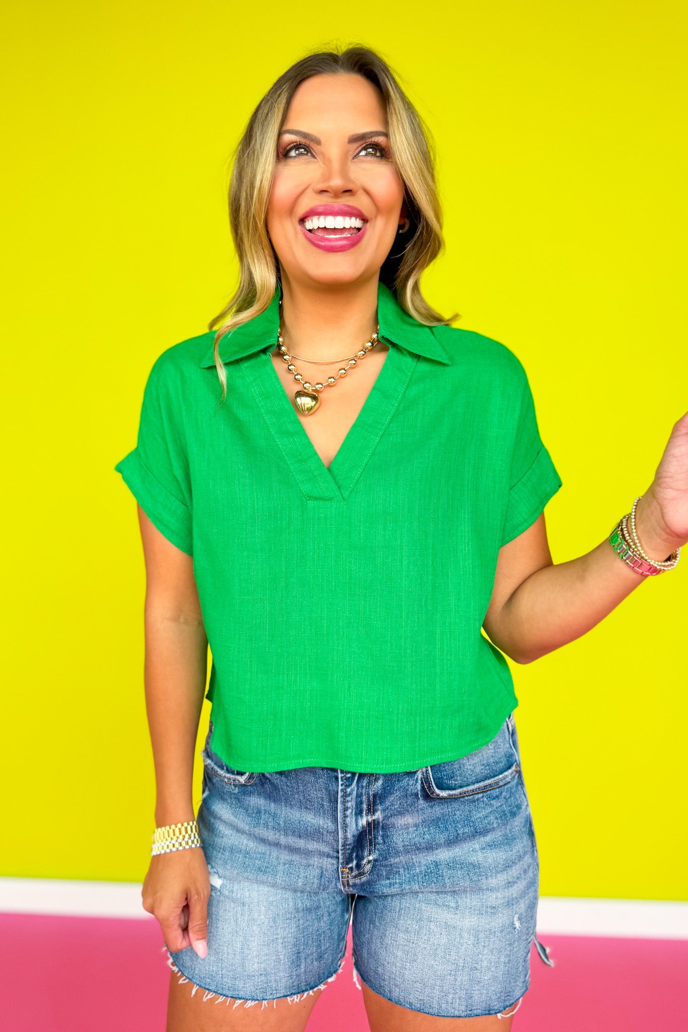 Green Linen Collar V Neck Short Sleeve Top *FINAL SALE*