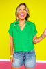 Green Linen Collar V Neck Short Sleeve Top *FINAL SALE*