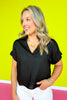 Black Linen Collar V Neck Short Sleeve Top *FINAL SALE*