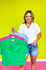 Green Linen Collar V Neck Short Sleeve Top *FINAL SALE*