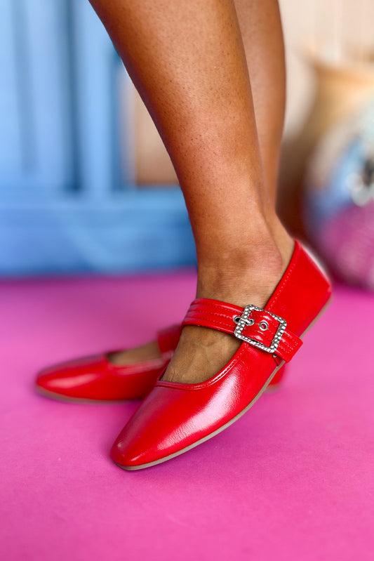 Red Square Toe Buckle Ballet Flat Shoes *FINAL SALE*