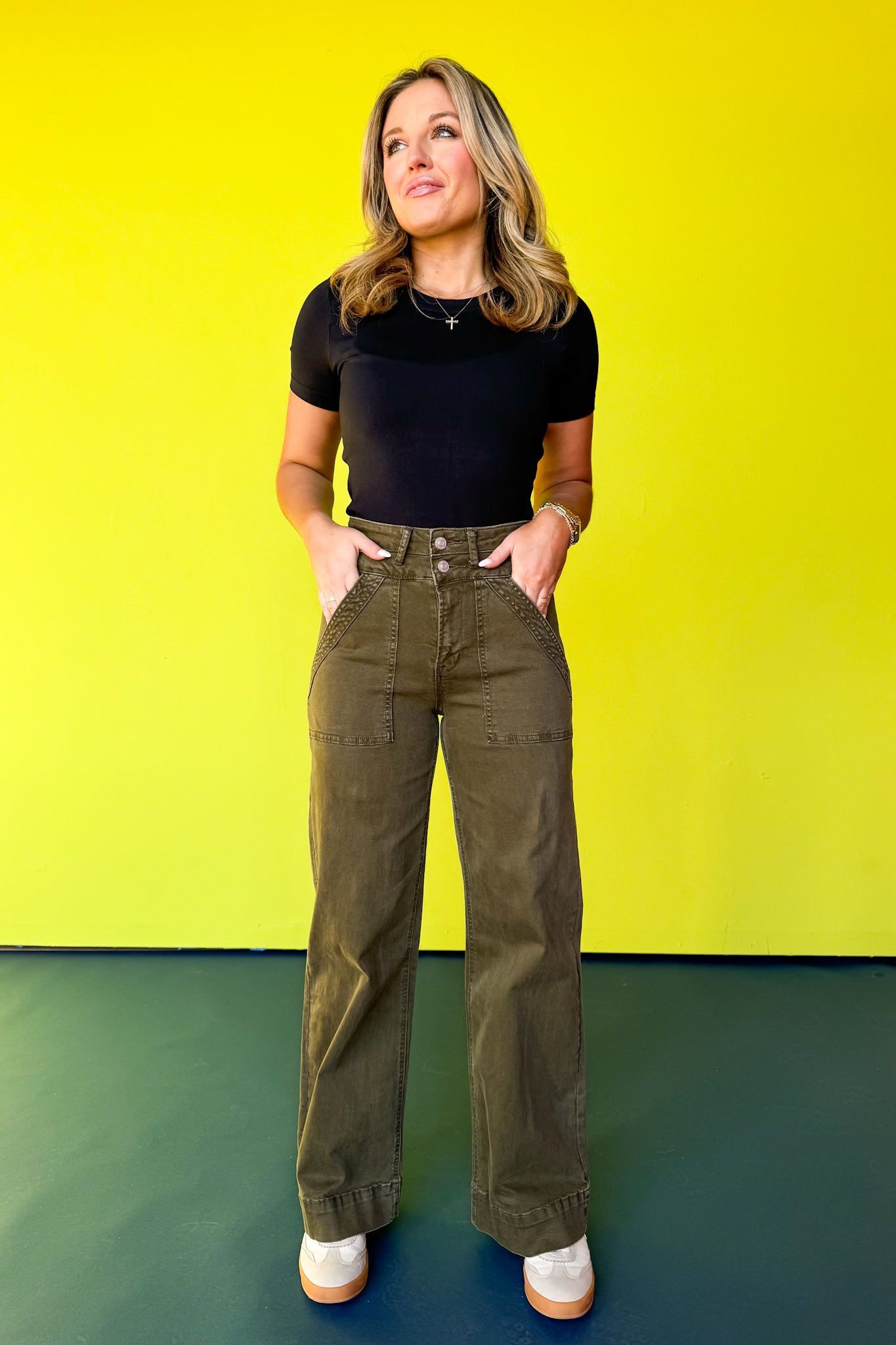 Mica Olive Super High Double Waistband Wide Leg Jeans