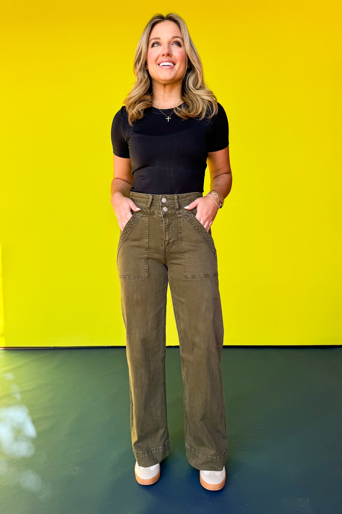 Mica Olive Super High Double Waistband Wide Leg Jeans