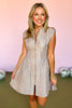 Taupe V Neck Smocked Waist Front Zip A Line Dress