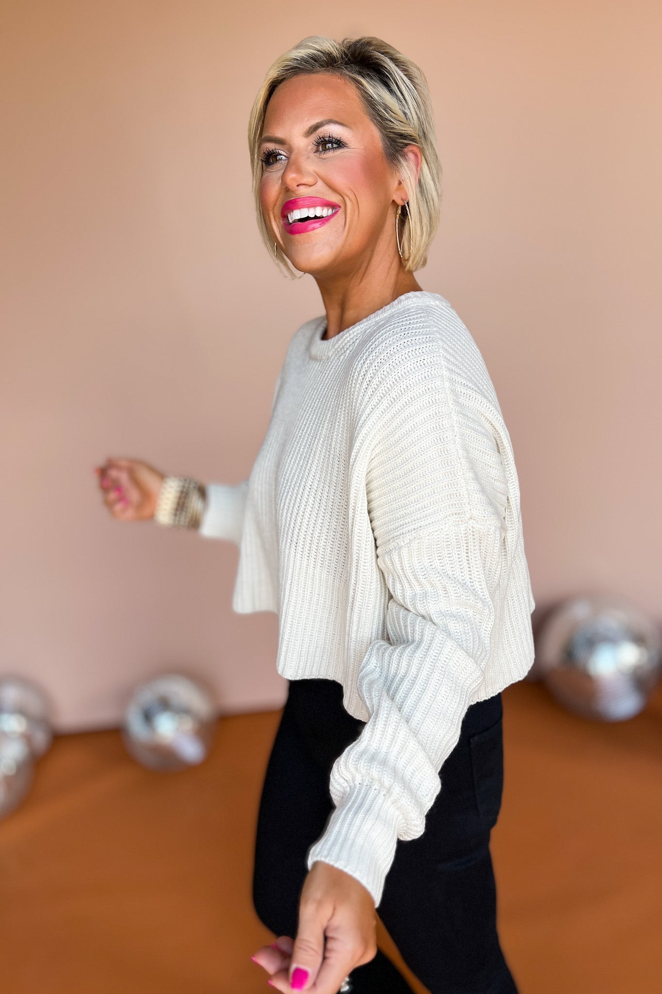 cream knit crew neck drop shoulder sweater, easy to wear, must have for fall, pair with denim, mom style, cozy and comfortable, shop style your senses by mallory fitzsimmons. 