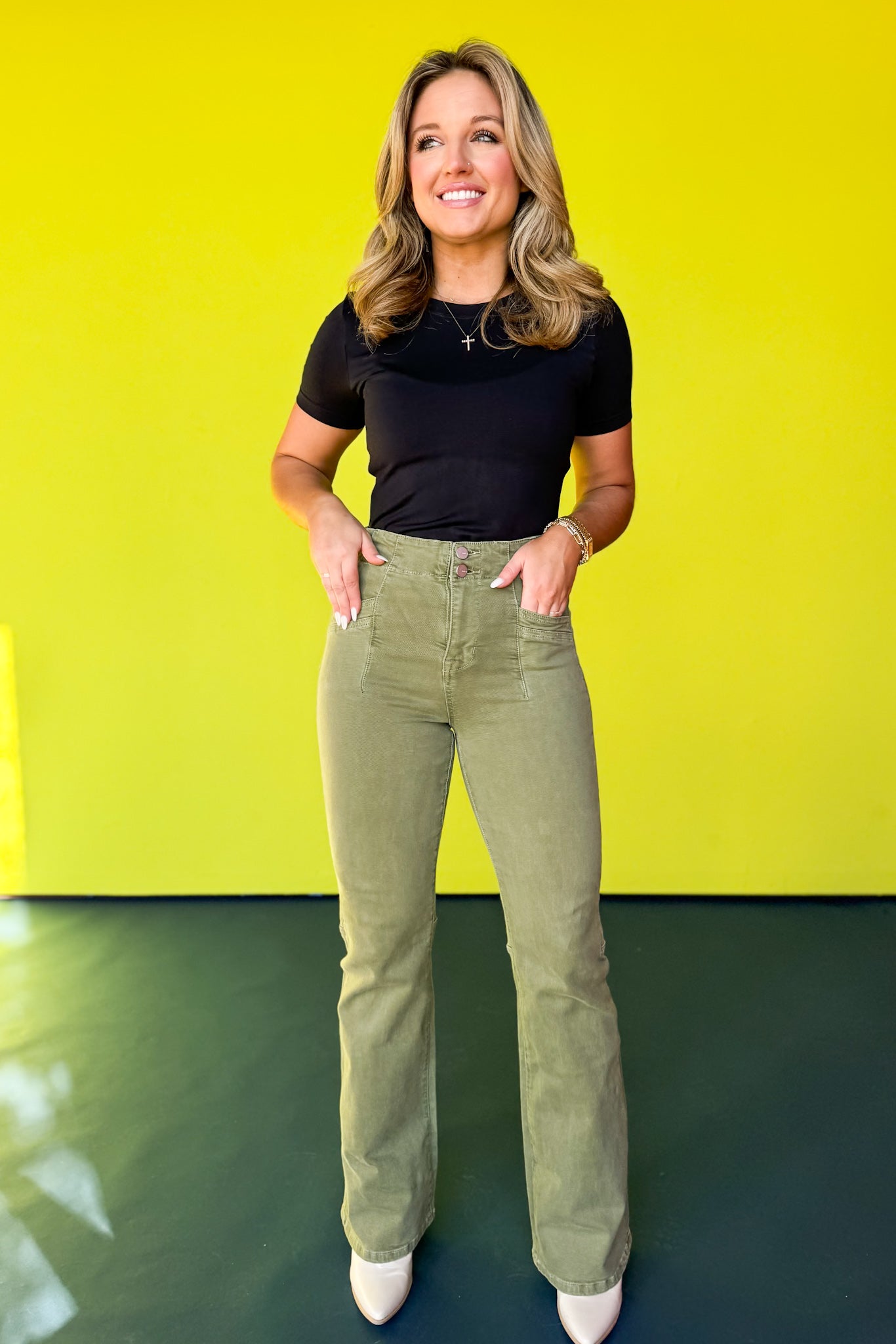 Mica Moss Green Super High Rise Double Button Pocket Detail Relaxed Flare Jeans *FINAL SALE*