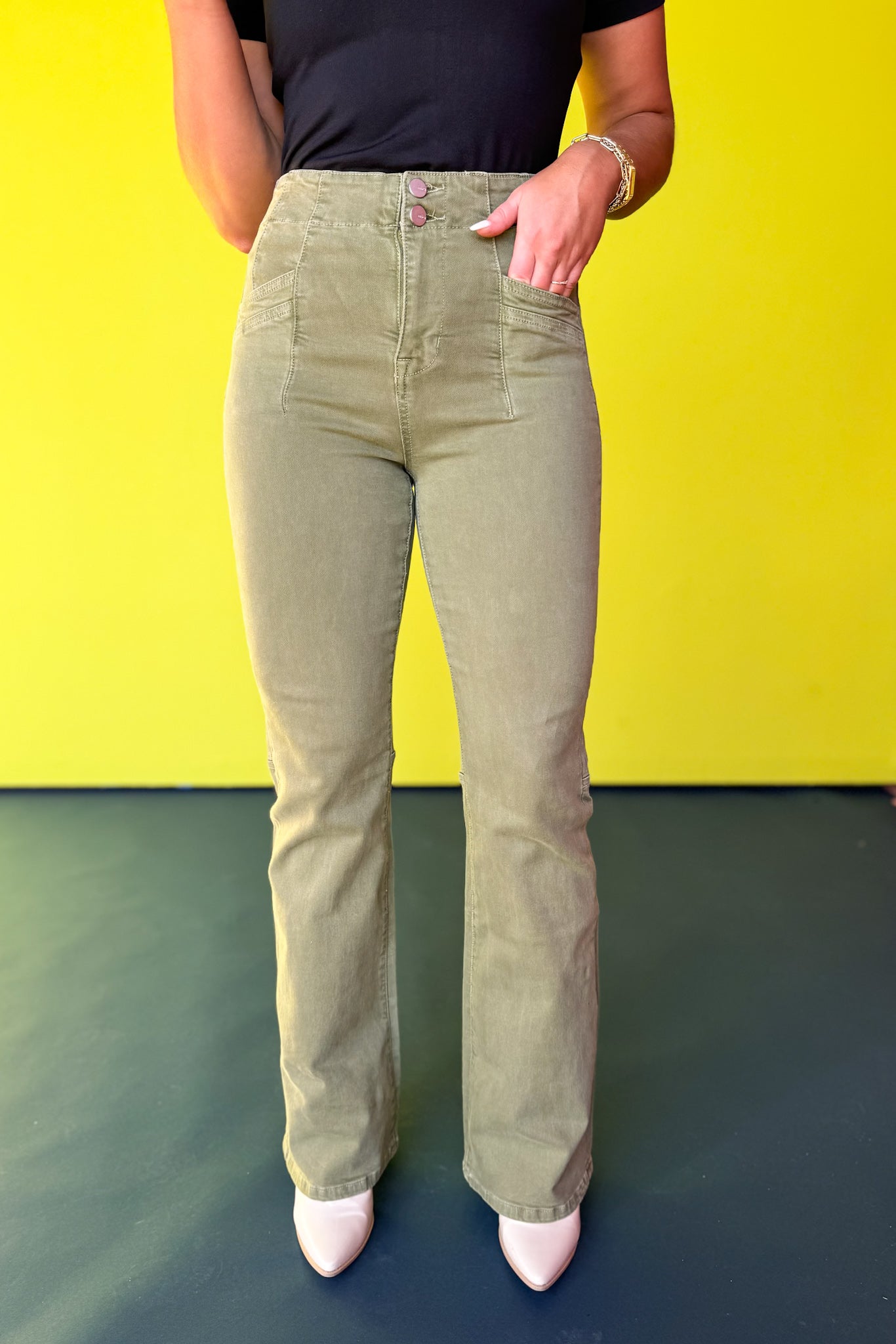 Mica Moss Green Super High Rise Double Button Pocket Detail Relaxed Flare Jeans *FINAL SALE*