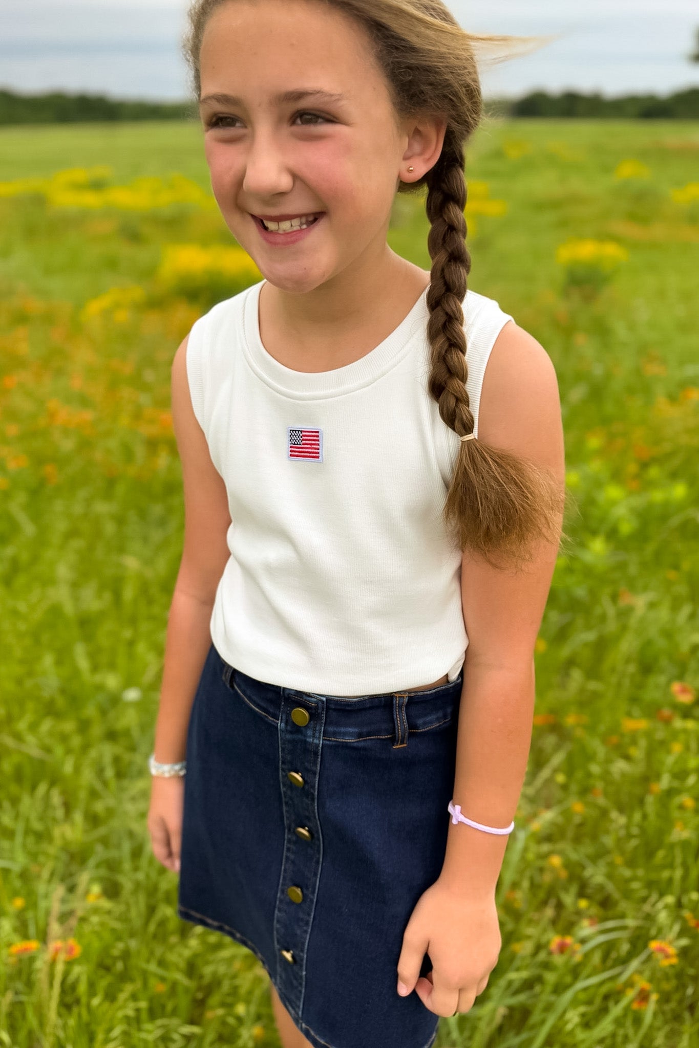 SSYS Kids Ribbed Crew Neck Sleeveless Flag Embellished Tank In Ivory