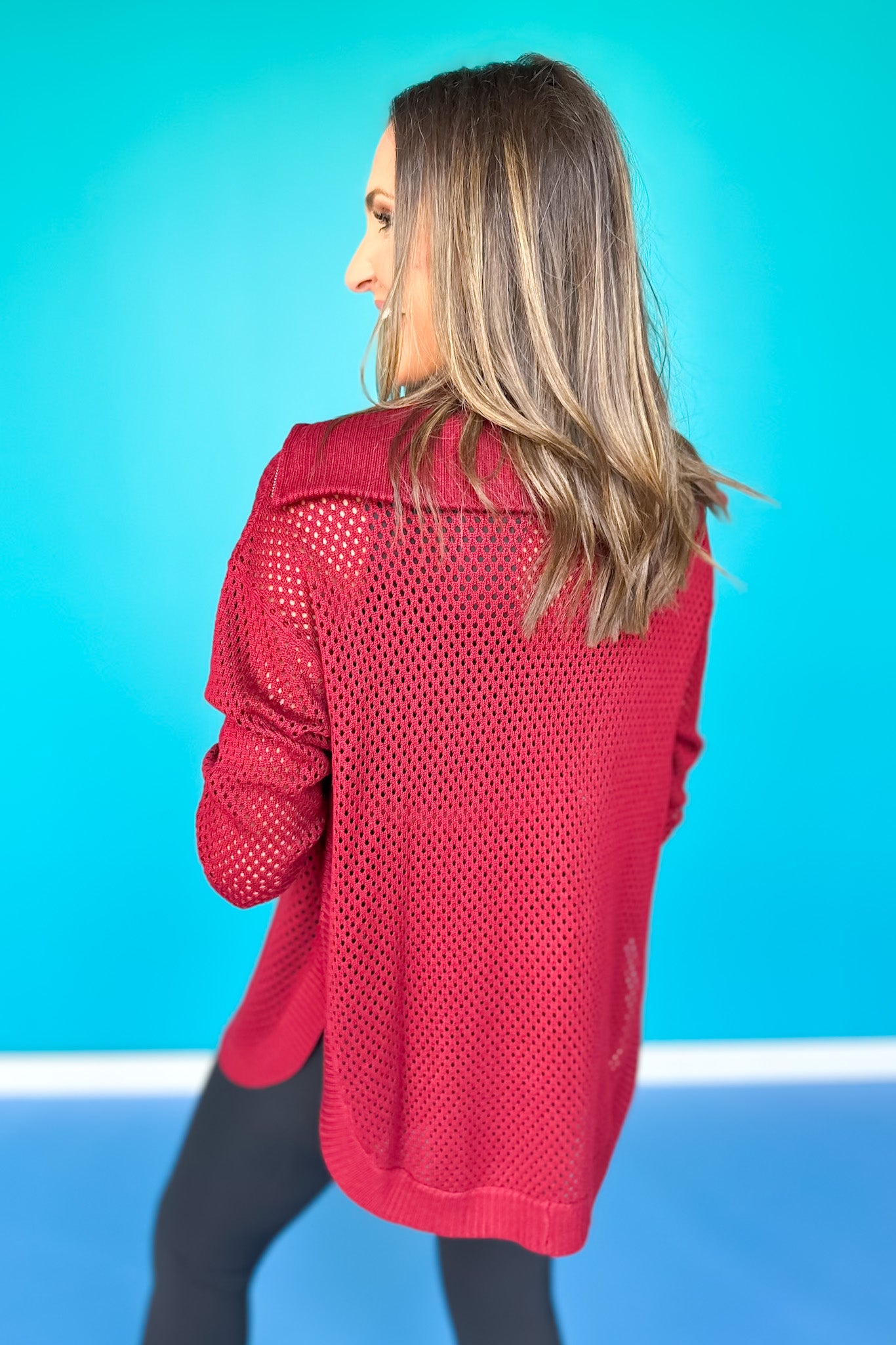 SSYS Exaggerated Collar Crochet Knit Zip Up Sweater In Maroon