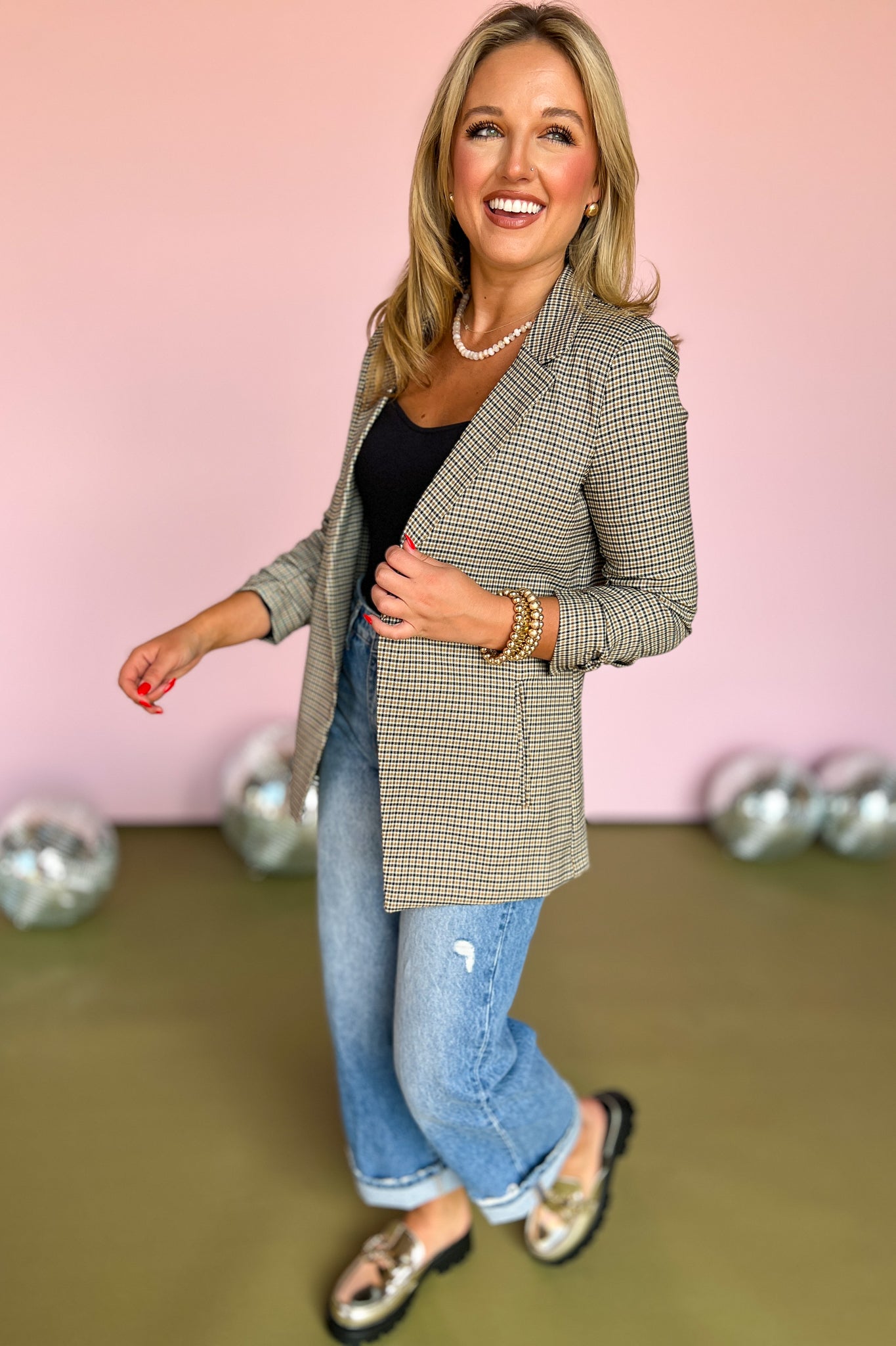  Khaki Plaid 3/4 Ruched Sleeve Collared Blazer, must have blazer, must have style, fall style, fall fashion, elevated style, elevated style, mom style, shop style your senses by mallory fitzsimmons, ssys by mallory fitzsimmons
