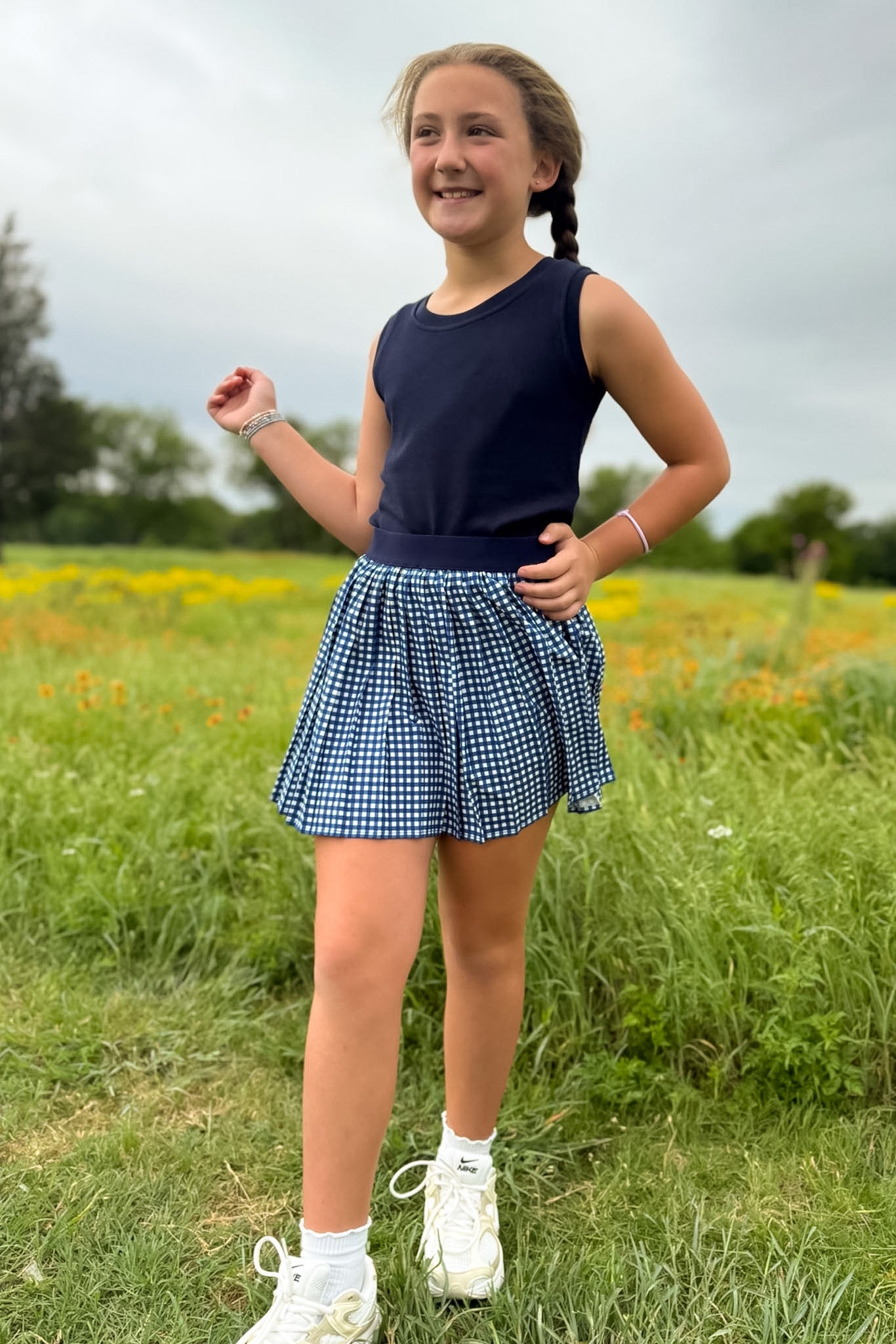 SSYS Kids Lottie Pleated Skort In Navy Gingham