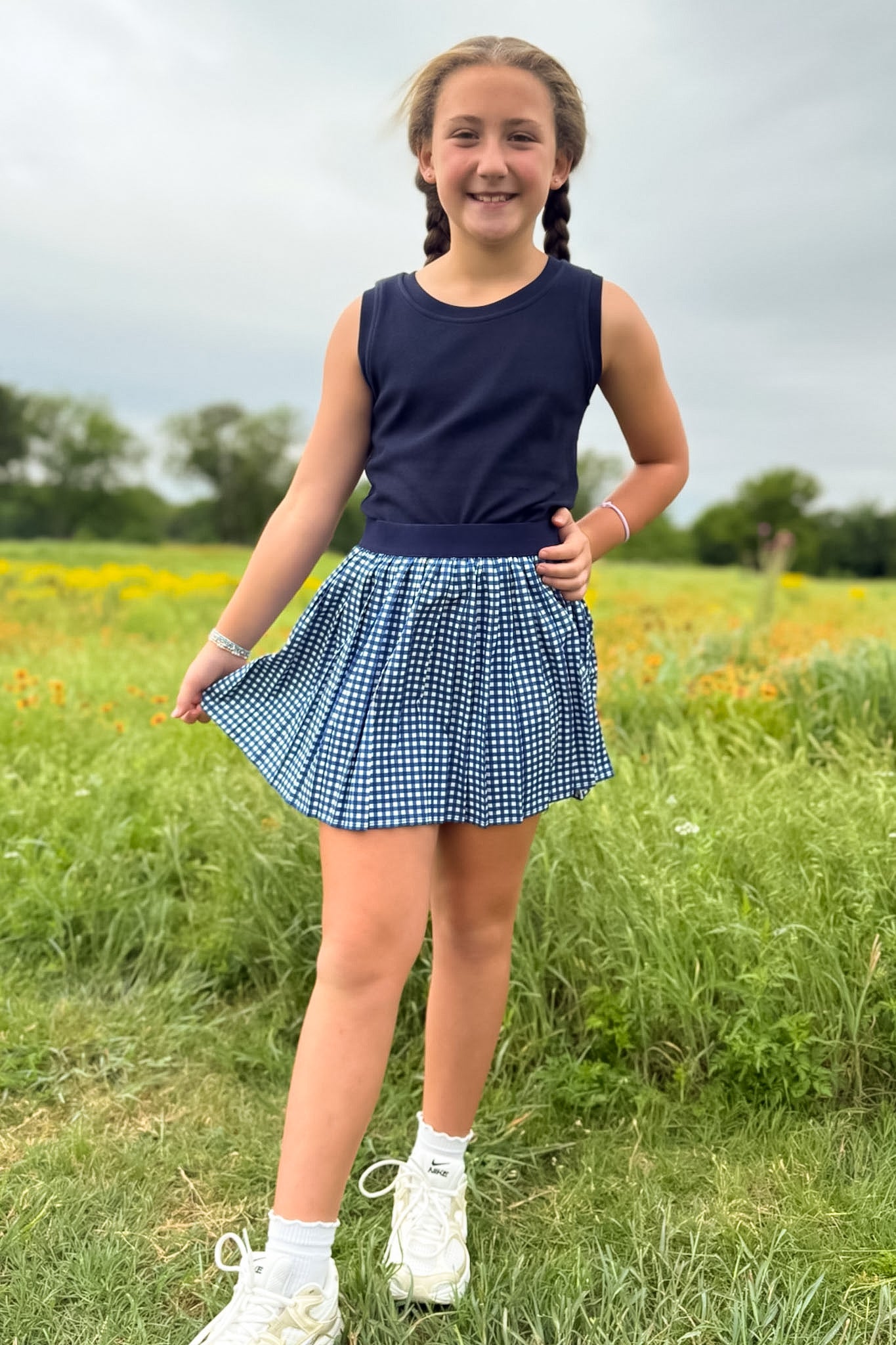 SSYS Kids Lottie Pleated Skort In Navy Gingham