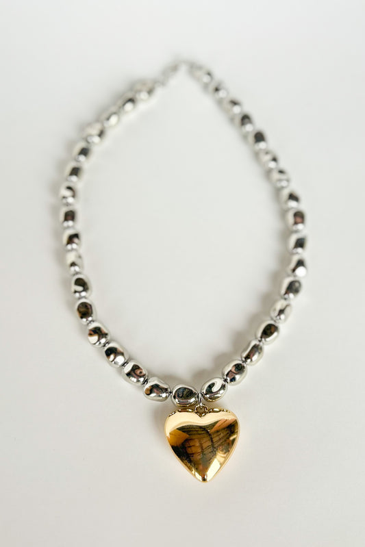 Silver Hammered Bead Gold Heart Pendant Necklace, accessory, necklace, heart necklace, ssys by mallory fitzsimmons