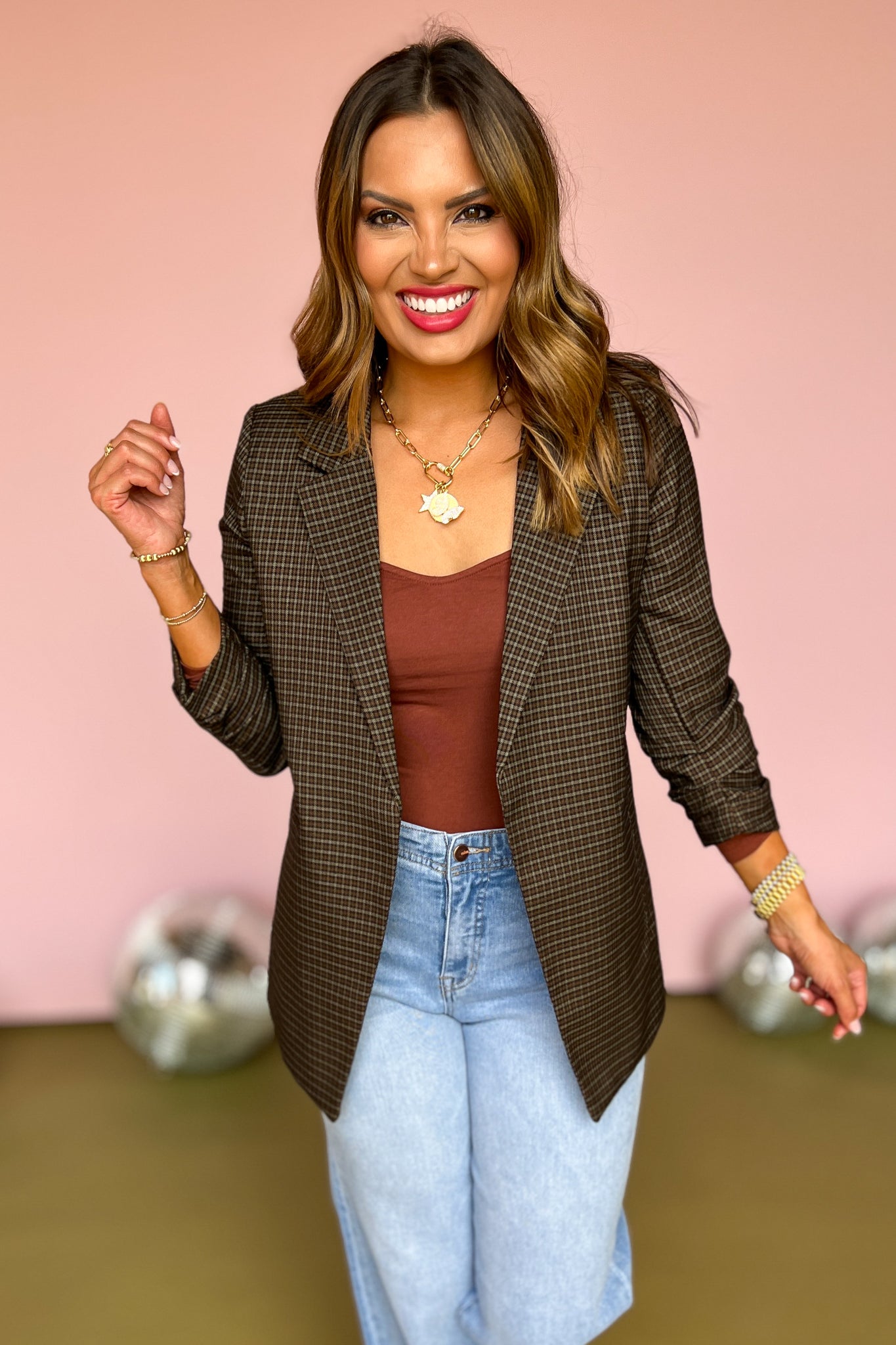 Brown Plaid 3/4 Ruched Sleeve Collared Blazer Brown Plaid 3/4 Ruched Sleeve Collared Blazer