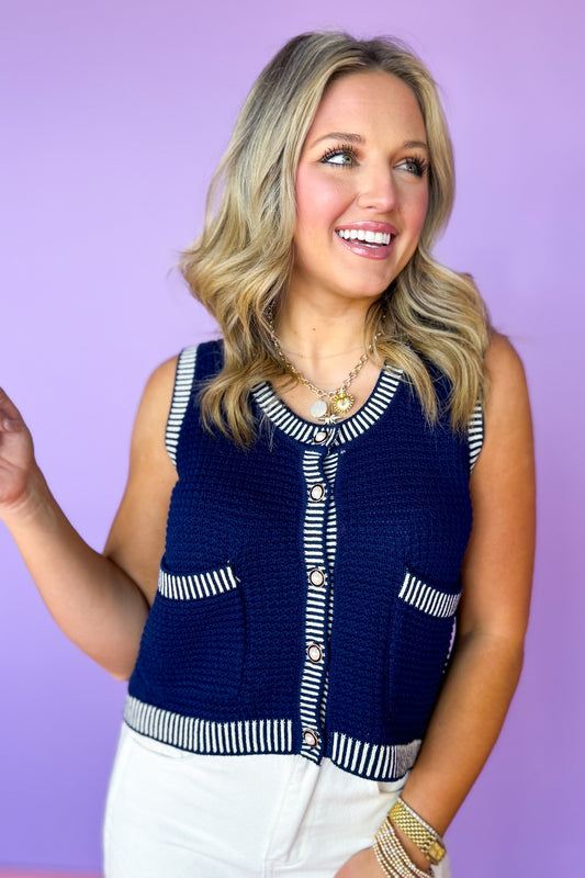 Navy Knit Stripe Contrast Button Front Sleeveless Top, pocket details, spring top, summer top, striped trim, button details, ssys by mallory fitzsimmons