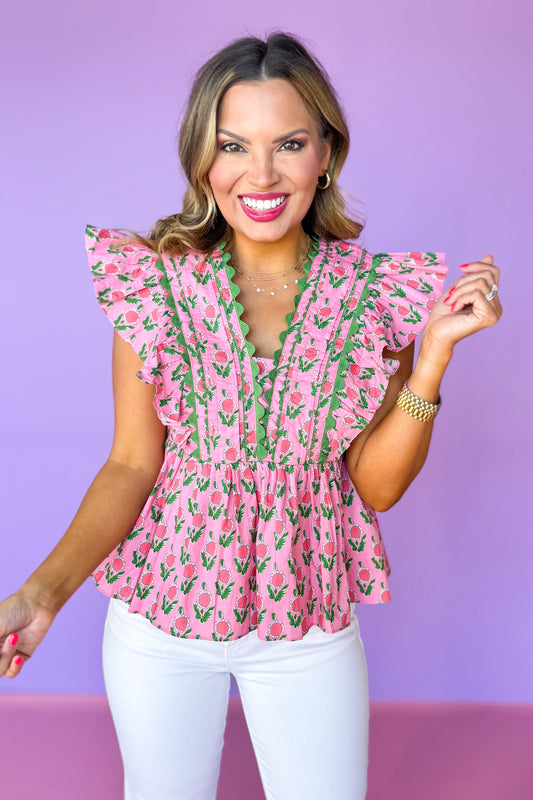 Pink Floral Print Scallop Trim Insert Flutter Sleeve Top, ssys by mallory fitzsimmons