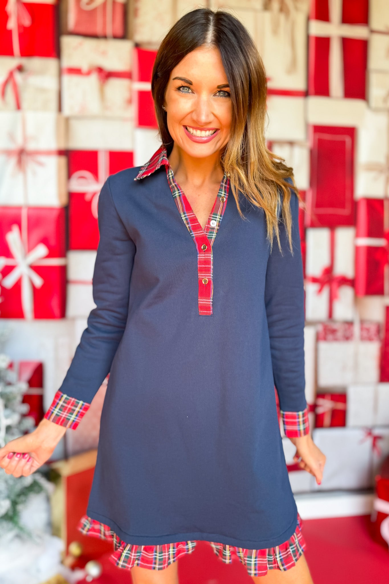 SSYS Kay Tartan Ruffle Contrast Long Sleeve Dress In Navy