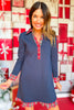 SSYS Kay Tartan Ruffle Contrast Long Sleeve Dress In Navy