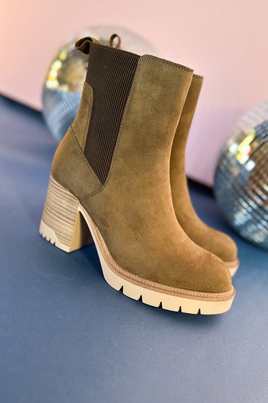 Olive Elastic Panel Stack Heel Booties