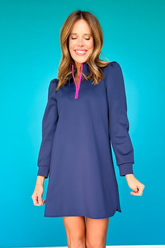 SSYS Zoey Long Sleeve Ruffle Collar Zip Scuba Dress In Navy