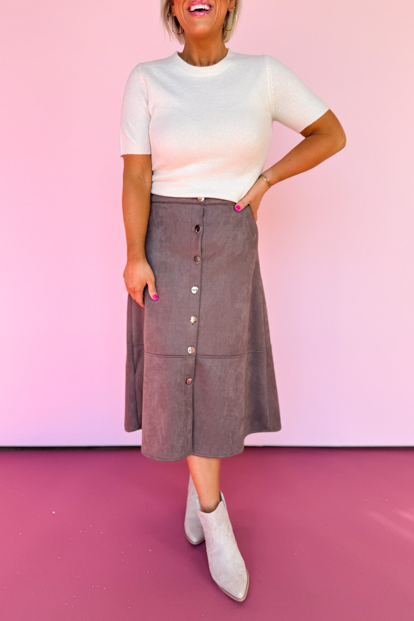 Stone Suede Button Front Midi Skirt *FINAL SALE*