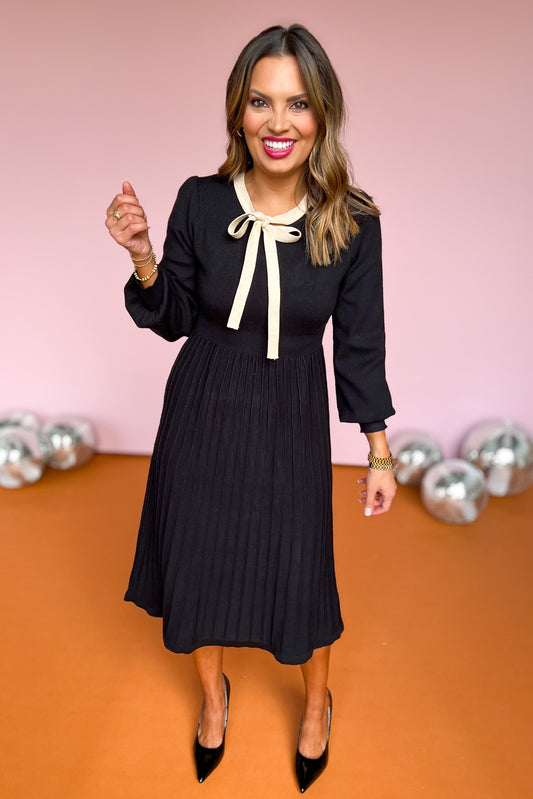 Black Knit Contrast Ribbon Neckline Midi Dress, fall dress, holiday dress, family picture dress, fall dress inspo, midi dress, knit dress, elevated style, chic style, cozy dress, SSYS by mallory Fitzsimmons 