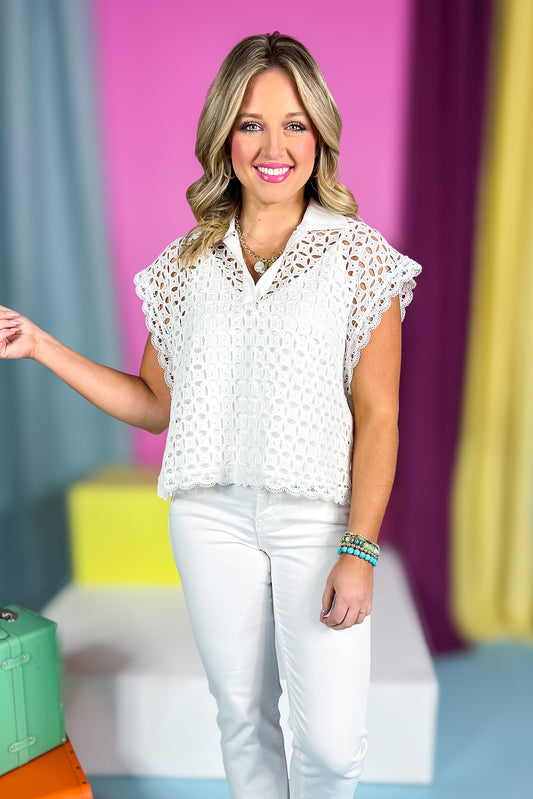 SSYS Kennedy Eyelet Lace Collared Top In White, v-neck, string ties on sides, breathable, comes with tank, scalloped trim, spring, spring break, vacation, exclusive design, ssys by mallory fitzsimmons