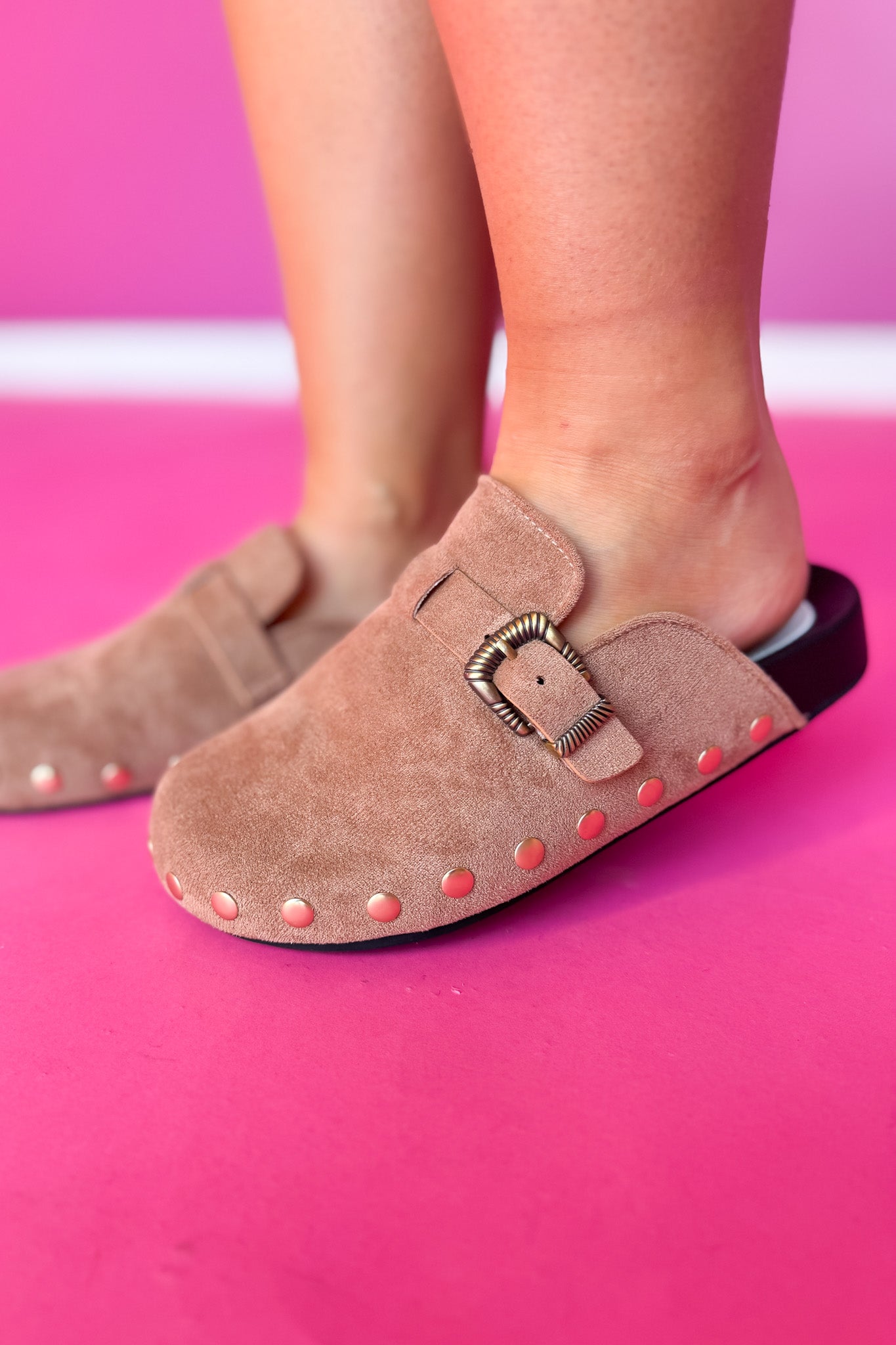 Tan Stud Detail Buckle Clogs