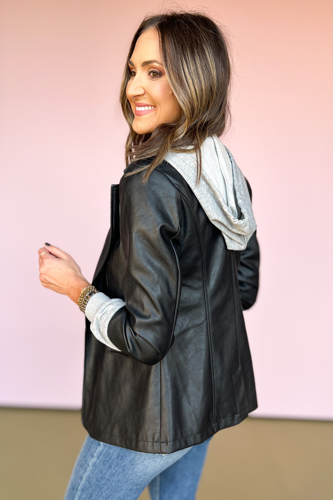 Black Mixed Media Faux Leather Hooded Blazer