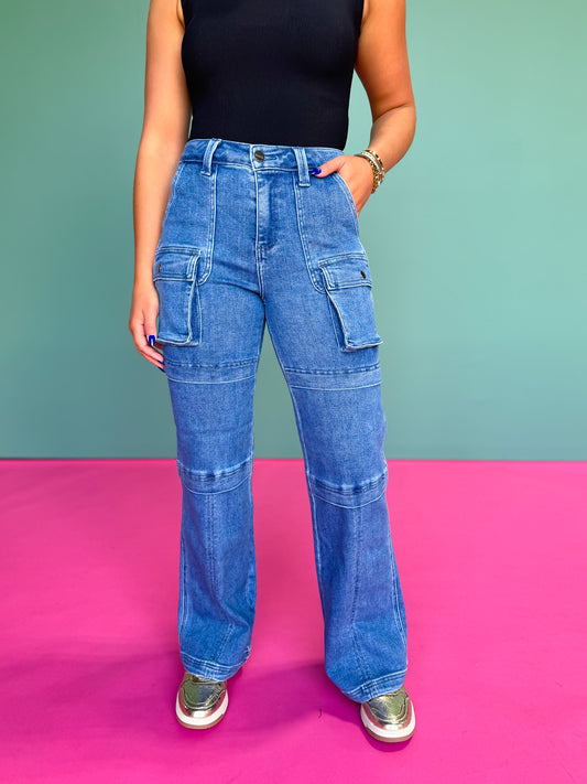 Risen Medium High Rise Straight Cargo Jeans