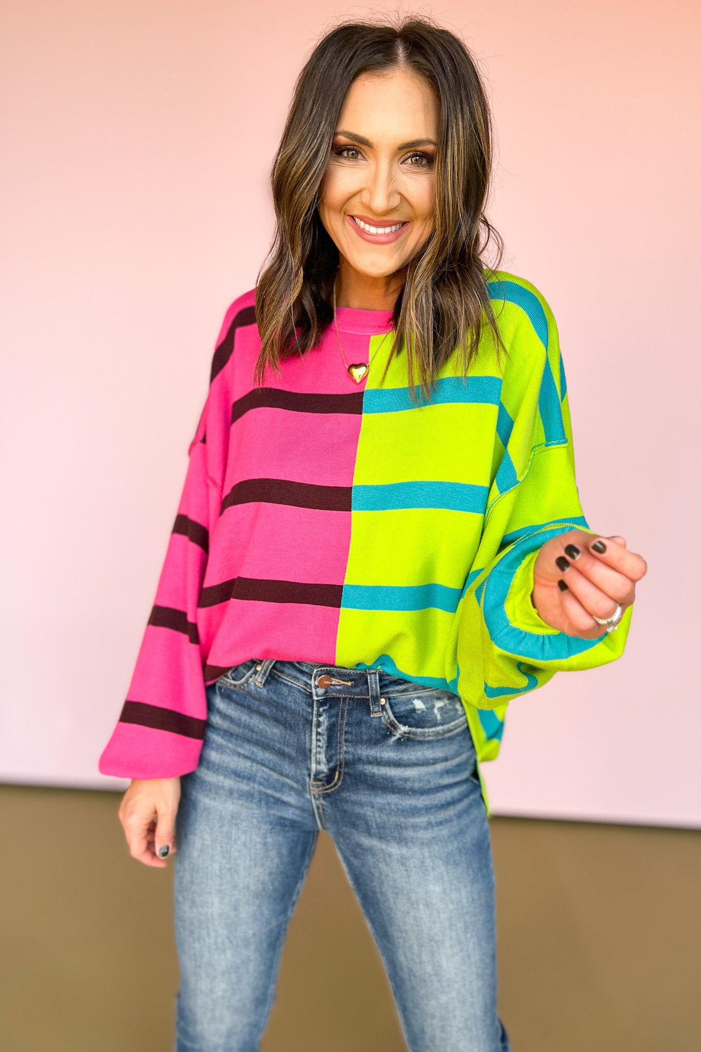 Pink Contrast Stripe Drop Shoulder Sweater