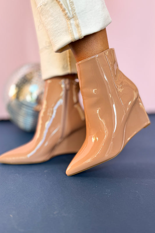 Nude Patent Wedge Ankle Bootie