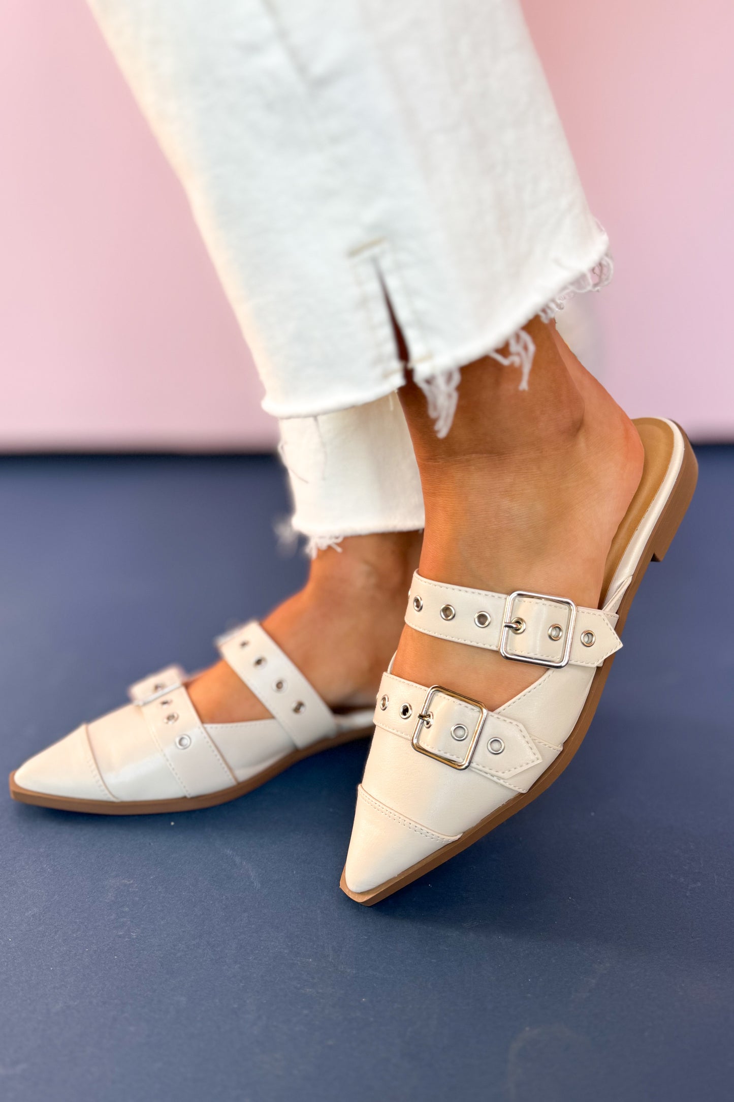 Off White Pointed Double Buckle Mule Shoes