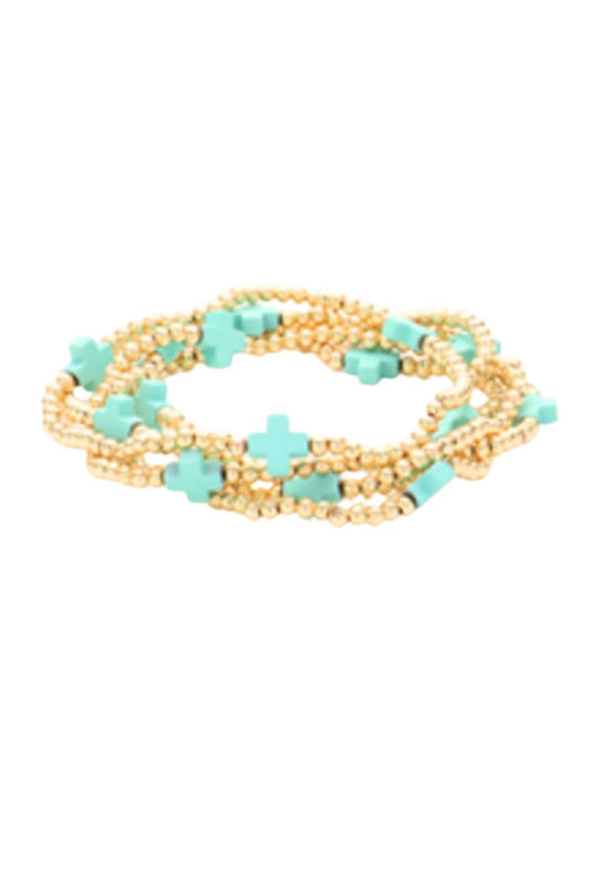 Turquoise Cross Bead Stretch Multi Layered Bracelets