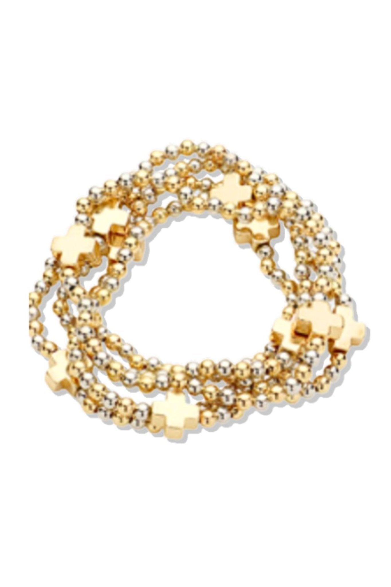 Gold Multi Metal Cross Bead Stretch Bracelet Stack