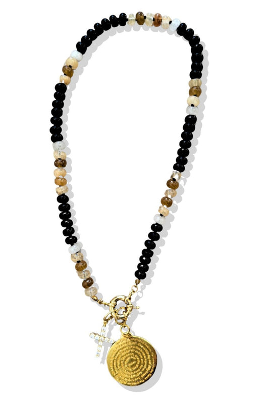 Black Crystal Cross Lord's Prayer Charm Gemstone Necklace