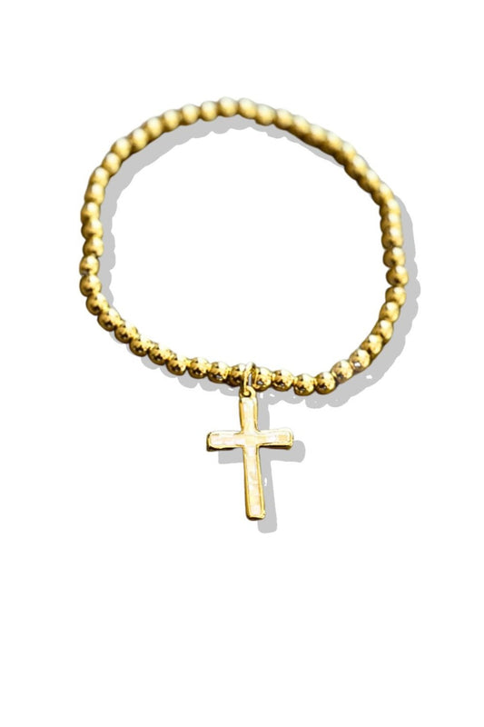 Gold Metal Ball Cross Charm Stretch Bracelet