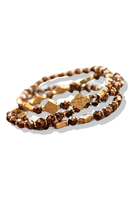 Brown Metal Crystal Stone Beaded Stretch Bracelet Set