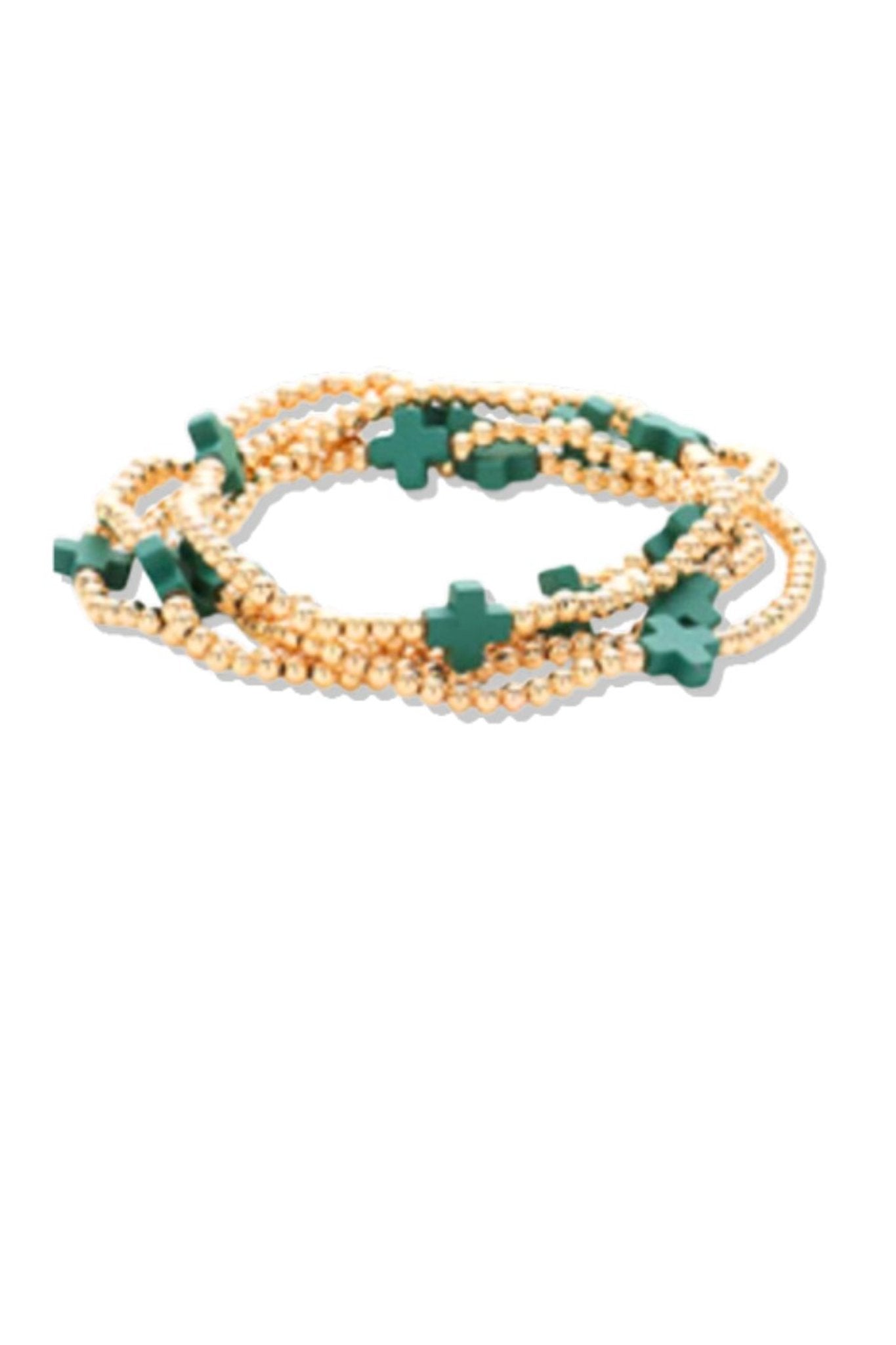 Green Cross Bead Stretch Multi Layered Bracelets