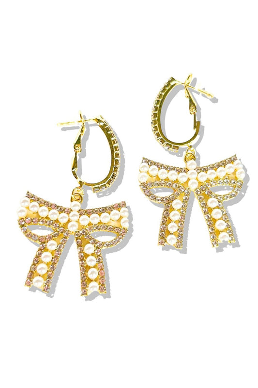 Gold Rhinestone Pearl Detail Hoop Bow Earrings