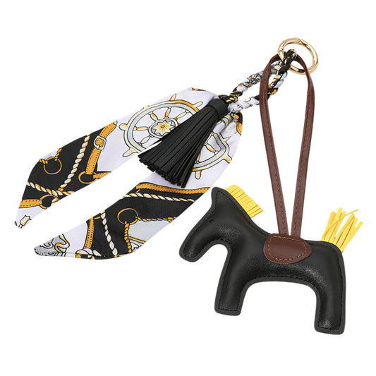 Black Faux Leather Horse Tassel Scarf Keychain Bag Charm
