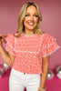 SSYS The Lyla Lace Trim Top In Pink Orange Print, top, colorful top, bright top, summer top, must have top, elevated top, elevated style, mom style, summer style, Shop Style Your Senses by Mallory Fitzsimmons, SSYS by Mallory Fitzsimmons
