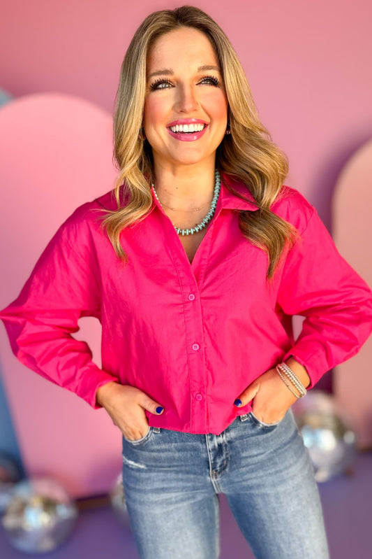 Magenta Oversized Collared Button Down Cut Out Back Top, top, magenta top, magenta blouse, must have top, elevated top, elevated style, summer top, summer style, Shop Style Your Senses by Mallory Fitzsimmons, SSYS by Mallory Fitzsimmons