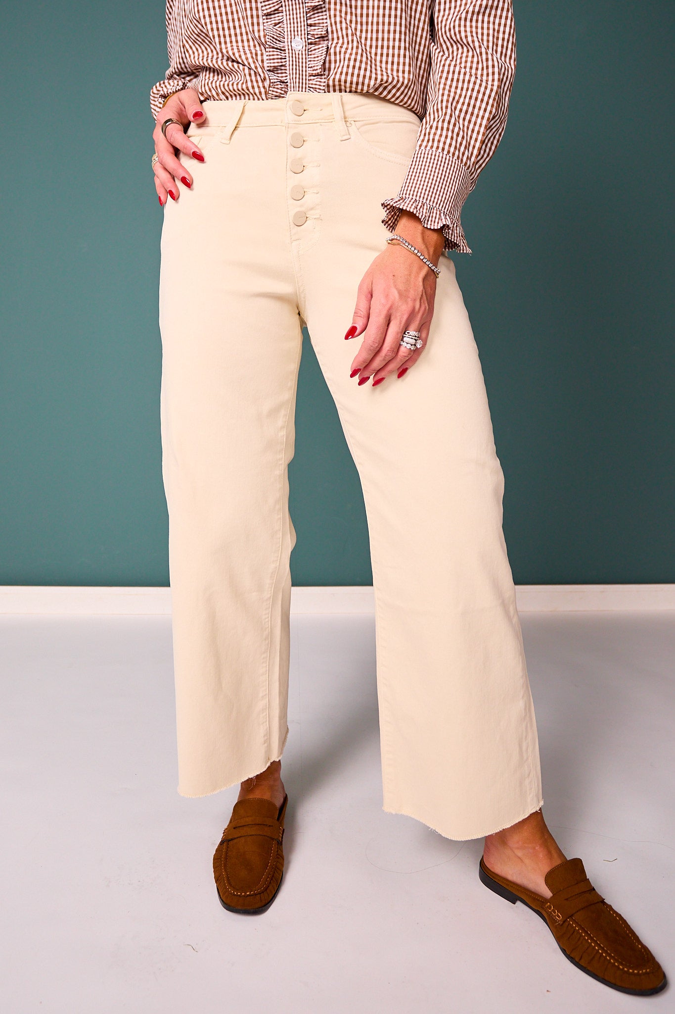 Mica Off White Chromatic High Rise Button Front Crop Wide Leg Jeans
