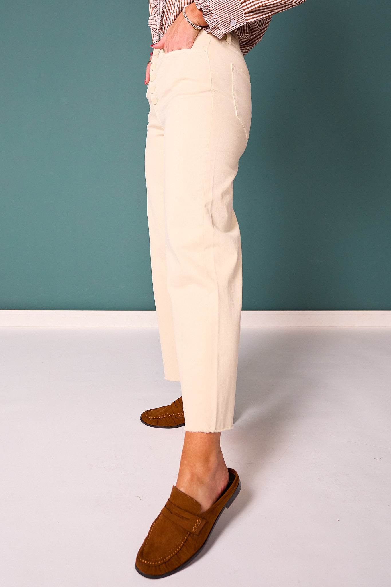 Mica Off White Chromatic High Rise Button Front Crop Wide Leg Jeans