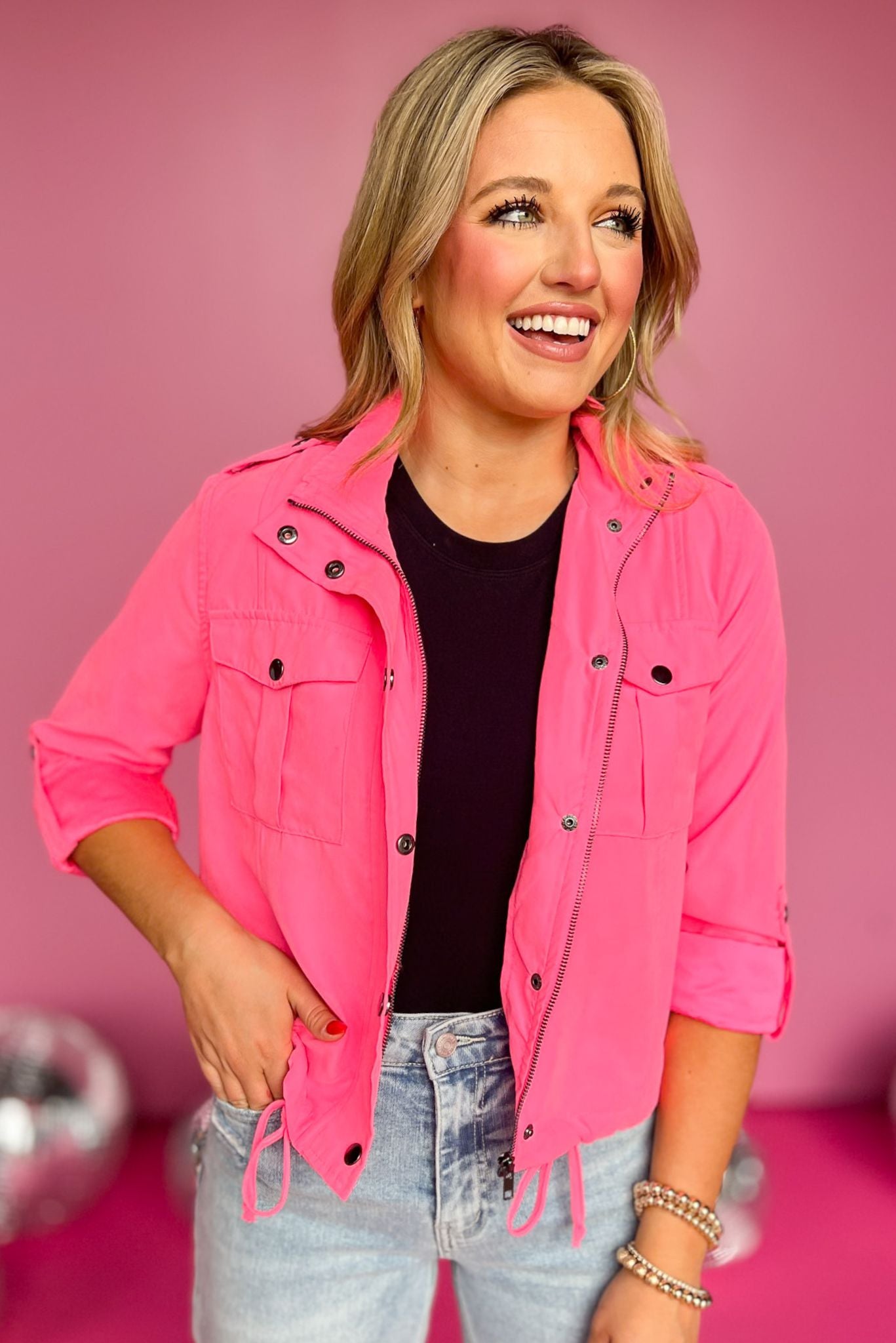 Neon Pink Button Front Drawstring Jacket, jacket, drawstring jacket, pink jacket, pink drawstring jacket, must have jacket, elevated jacket, elevated style, summer jacket, summer style, Shop Style Your Senses by Mallory Fitzsimmons, SSYS by Mallory Fitzsimmons