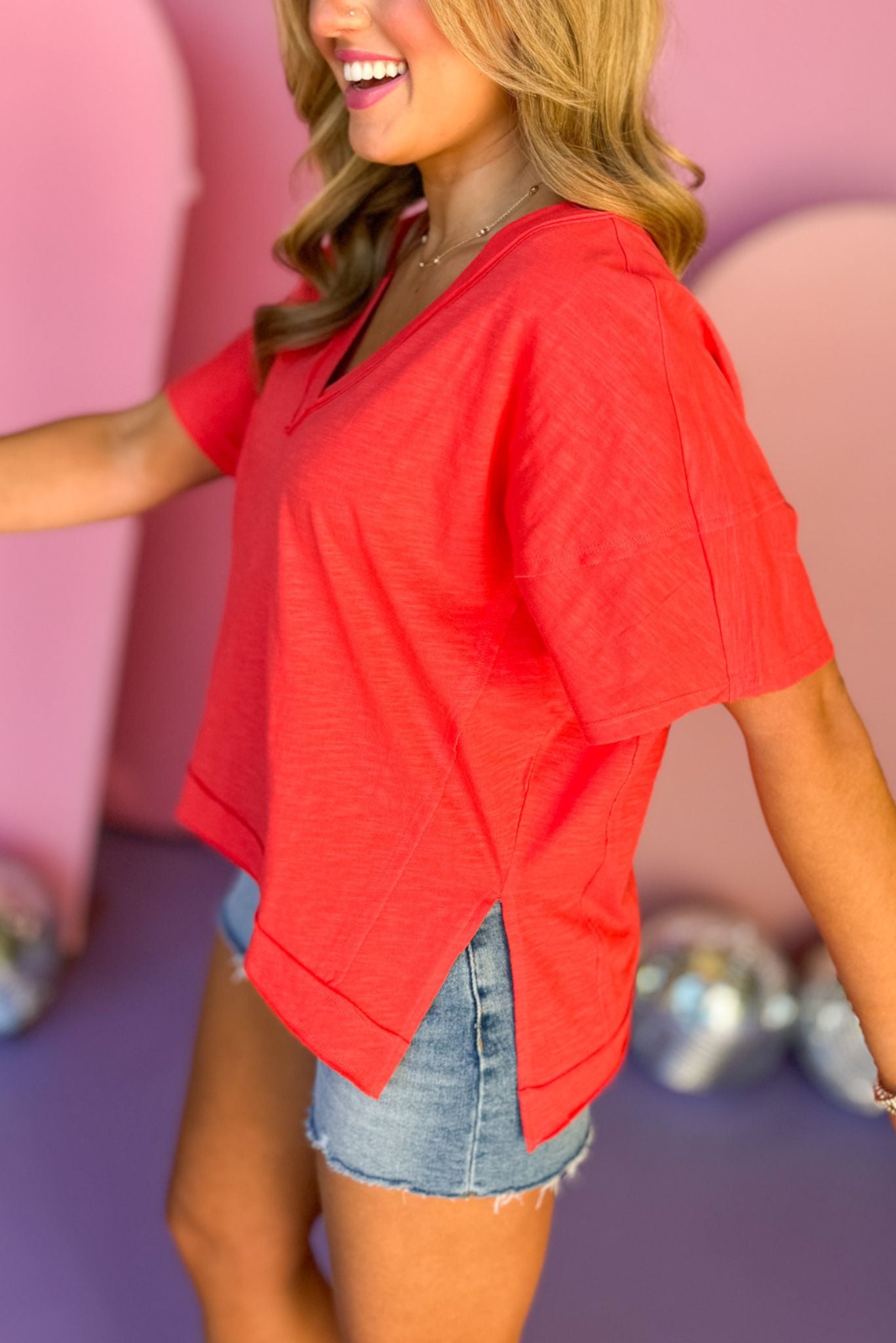 Orange Raw Edge V Neck Oversized T Shirt, top, shirt, bright shirt, orange shirt, must have top, elevated top, elevated style, mom style, summer style, Shop Style Your Senses by Mallory Fitzsimmons, SSYS by Mallory Fitzsimmons